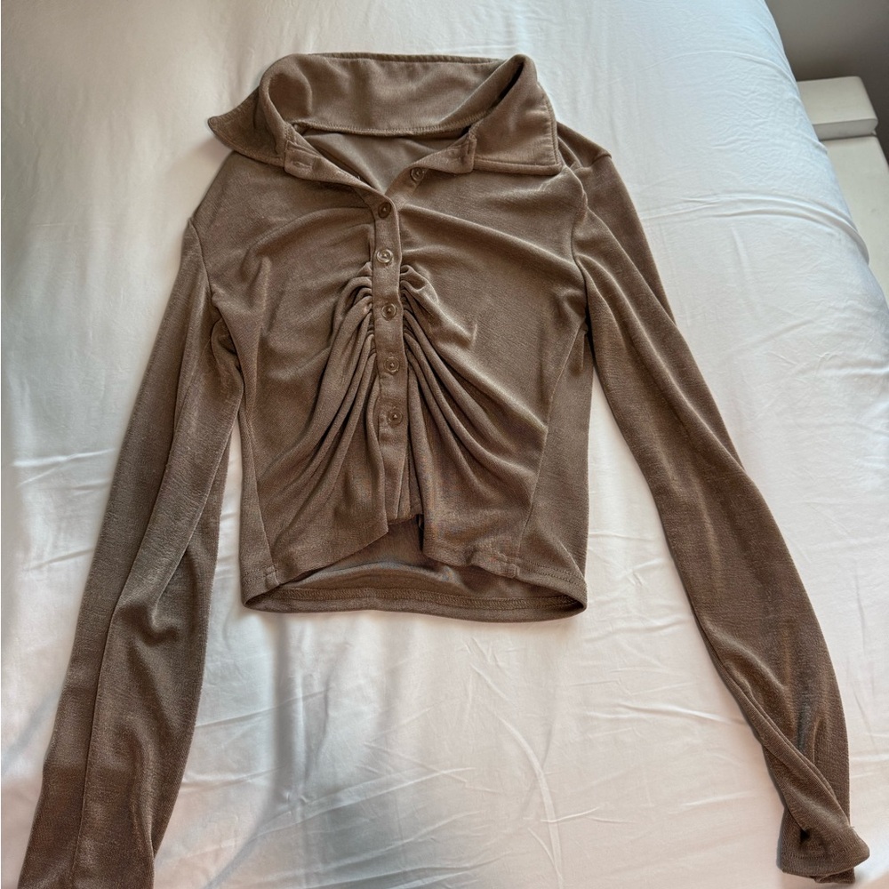 Brown Shimmer Long Sleeve Button-Up Top